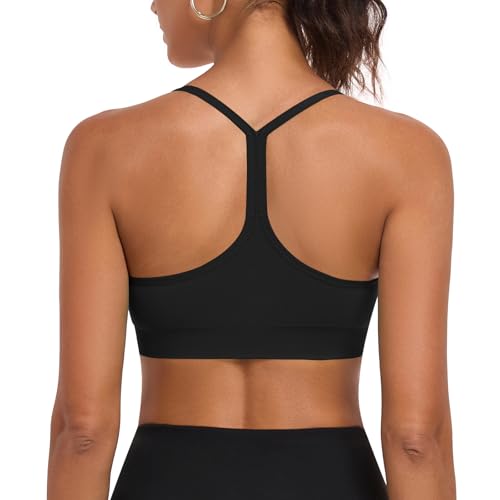 ANGOOL Sport BH Damen ohne Bügel Racerback Spaghetti Träger Sport Bustier Damen Gepolstert Seamless Y-Rücken Abnehmbare Cup für Low-Impact Training, Schwarz, S