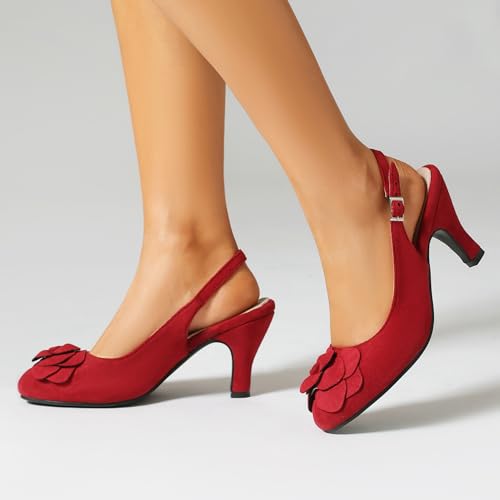 Elerhythm Women's Mary Jane Vintage Slingback Adjustable Strap Flower Close Toe 1920s Gatsby Heels Retro 1950s Victorian Pumps Suede Shoes3