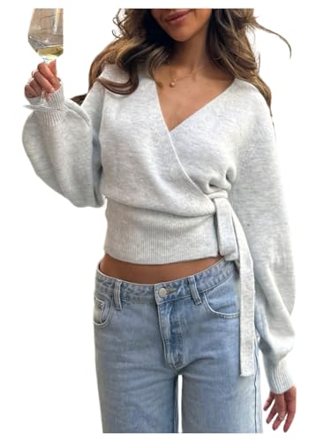 MakeMeChic Womens Wrap Sweater Cardigan Fall V Neck Tie Front Long Sleeve Knit Dressy Tops Light Grey Medium