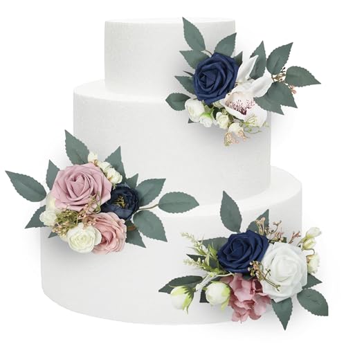 Rinlong 3Pcs Navy Blue Pink Cake Flowers
