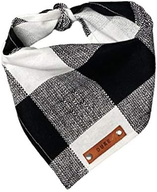 Pet Dog Bandana, Large Plaid Black White Checkers, Leather Name Tag, Personalized Name, Bandanas for Dogs, Personalized Dog Bandana (Sizes: XXSmall - XXLarge)