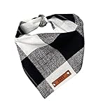Pet Dog Bandana, Large Plaid Black White Checkers, Leather Name Tag, Personalized Name, Bandanas for...