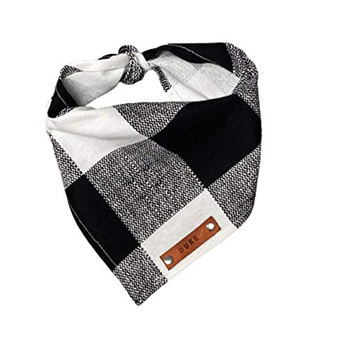 Pet Dog Bandana, Large Plaid Black White Checkers, Leather Name Tag, Personalized Name, Bandanas For Dogs, Personalized Dog Bandana (Sizes: Xxsmall - Xxlarge) #TOP8