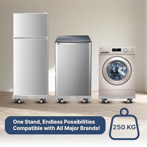 Image of Smart Shelter Washing Machine Trolley for Fully and Semi Automatic, Front or Top Load, Fridge and Dishwasher Stand, Adjustable Metal and Wheels, Capacity 250Kg, White (Min: 17 inchx17 inch, Max: 27 inchx29 inch)