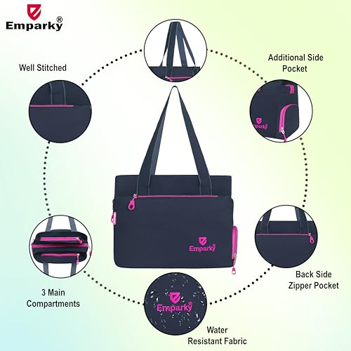Image of Women Bag, Black with Turquoise Accents, Tote Bag with Multiple Zipper Pockets
