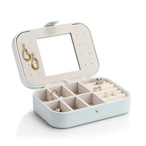 Vlando Small Travel Jewelry Box Organizer - Mirrored Jewelries Necklaces Rings Earrings Necklace Storage Case For Girls Women Vacation, White/Mint Green #TOP3