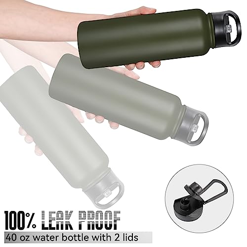 Vqrrcki 40 Oz Insulated Water Bottle With Straw, Stainless Steel Sports Water Bottles With 2 Lids (Straw And Wide Mouth Lid), Double Wall Vacuum, Leakproof, Bpa-Free, Dark Green #TOP4