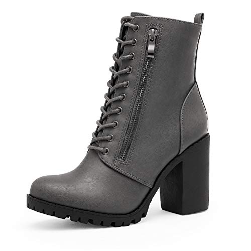 DREAM PAIRS Women's Combat Ankle Boots Chunky Heel Lace up Fashion Heeled Booties,Size 9,Grey/Pu,SILVERADO