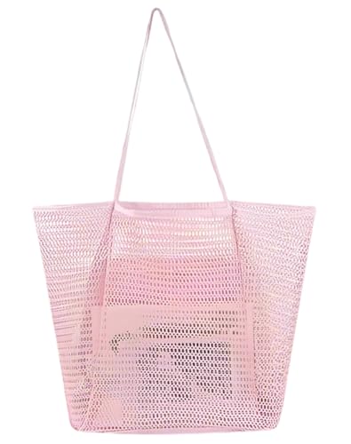 Luzia Sohum Living Lightweight Foldable Mesh Tote Bag for Beach & Travel Large Sandproof Quick-Dry Bag with Durable Handles & Spacious Storage - Pink