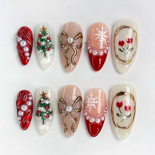 30Pcs Christmas Press on Nails Medium Almond Christmas Tree Fake