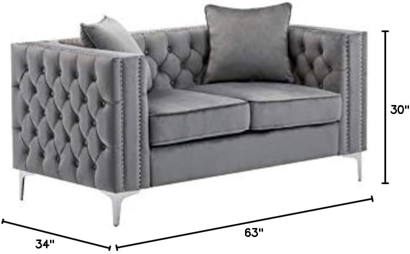 BOWERY HILL Tufted Velvet Loveseat, Transitional Style, Gray Upholstery, 2 Throw Pillows, Handmade Nailhead Trim, Chrome Legs, Foam Seats, Button Tufting, Low Back, Living Room Seating