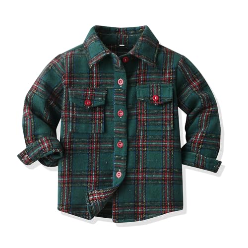 Moyikiss Studio Toddler Baby Boys Girls Outfits Plaid Long Sleeve Thicken Formal Shirts Buttons Casual T-Shirt Tops(Green,140/7 Years)