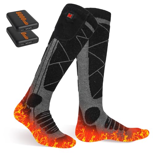 EIHBIEA Calcetines calefactados, 5 V 6000 mAh, recargables, para hombres y mujeres, calcetines eléctricos con 3 niveles de calefacción para invierno, esquí, caza, camping, senderismo, ciclismo