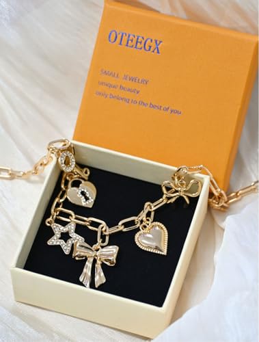 Gold Charm Necklaces for Women, 18K Gold Plated Bow Pendant Necklace Gold Heart Chain Aesthetic Star Jewelry4