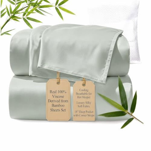 Image of TWK Real 100% Viscose Derived from Bamboo Sheets Set California King Size, Cooling & Silky Soft for Hot Sleeper, Breathable & Moisture Wicking Fabric, 18 inch Deep Pocket with Corner Straps