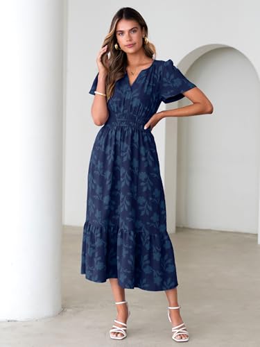 Image of Simplee Womens Summer Boho Maxi Dress Semi Formal Wedding Guest Short Sleeve V Neck Empire Waist Floral Long Dresses