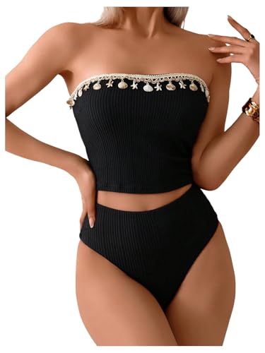 WDIRARA Women's Strapless Tankini Swimsuit Starfish High Waisted Two Piece Bathing Suit Black Large