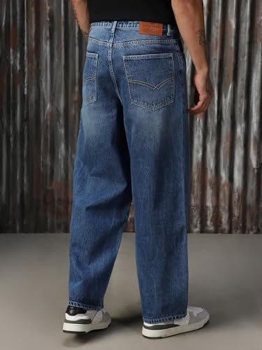 Image of High Star Men Cotton Washed Loose Fit Casual Mid-Rise Jeans