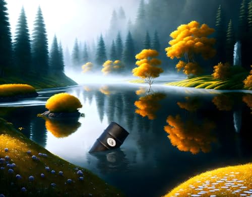 Poster sur toile 58x90 cm lac paisible et baril d'huile SERENDIPITP