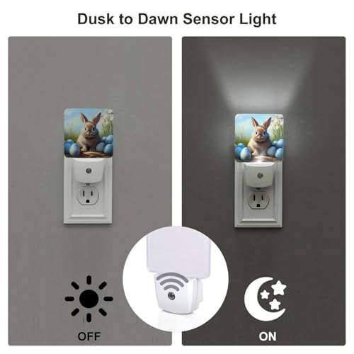 Image of Bunny Easter Eggs Blue LED Plug-in Night Light 2-Pack, Auto Sensor Nightlights Set of 2 for Bedroom Bathroom