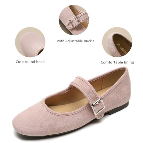 Women's Suede Round Toe Mary Jane Flats with Adjustable Buckle Elegant Low Chunky Heel Comfortable Non-Slip Slip on Ballet Flats for Daily Dating Walking4