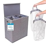 Double Laundry Hamper with Lid | Removable mesh bags | Dual Compartment Clothes Hamper | Grey