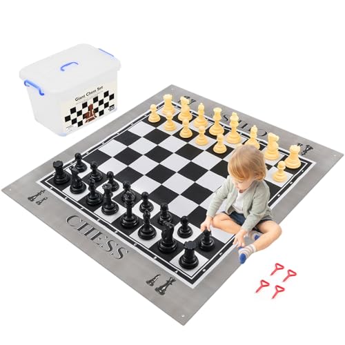 ELONGDI Giant Outdoor Chess Set Oversized Plastic Chess Pieces with Bases Lightweight 71' Chess Mat Floor Games for Kids and Adults - 9.8 Inches Tall...