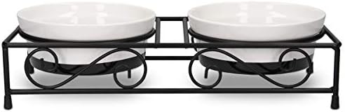 Navaris Ceramic Pet Bowl Set - Double Food Water Bowls for Cats, Small Dogs and Puppies with Non-Slip Retro Metal Stand - Set of 2 Bowls, 320ml Each