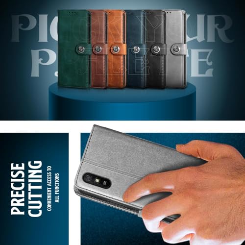 Image of WOW IMAGINE Shock Proof Flip Cover Back Case for Xiaomi Mi Redmi 9A | 9i | 9A Sport (Magnetic Button Flip Case | Wallet Pockets & Stand | Leather Finish | Stone Grey)