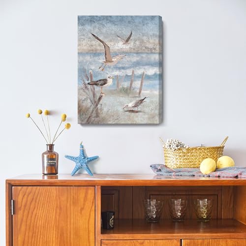 ARTZON Beach Wall Art Bathroom Decor Ocean Theme Canvas Print Coastal Painting Perching Bird by The Sea Shore Abstract Seascape Picture Framed Artwork for Bedroom Living Room Office Ready to Hang