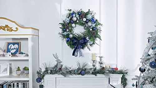 Valery Madelyn 6 Feet/183cm Pre-Lit Christmas Garland for Mantel, Winter Wishes Silver and Blue Garland with Baubles, Xmas Garland with Led Lights and Timer Function for Christmas Party Decoration