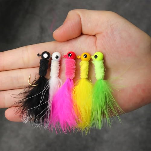 INFISHCEO 50PCS Crappie Fishing Jigs Hook Kit Feather Hair Jigs for Crappie Fishing baits Lures Panfish Trout 1/8 1/16 1/32 oz - Thumbnail 6