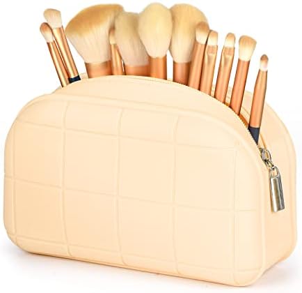 ASPACES Travel Makeup Brush Holder, Silicone Cosmetic Bag for Women, Waterproof Toiletry Organizer with Zipper, Make Up Organizer Pouch Bag to Storage Make Up Accessories & Brushes (Cream)