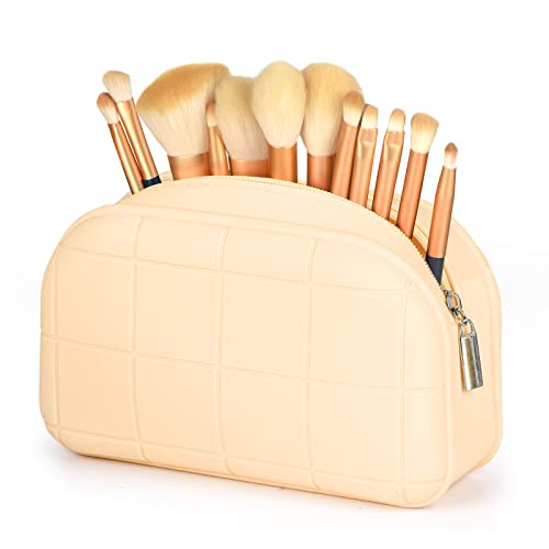 Aspaces Travel Makeup Brush Holder, Silicone Cosmetic Bag For Women, Waterproof Toiletry Organizer With Zipper, Make Up Organizer Pouch Bag To Storage Make Up Accessories & Brushes (Cream) #TOP3