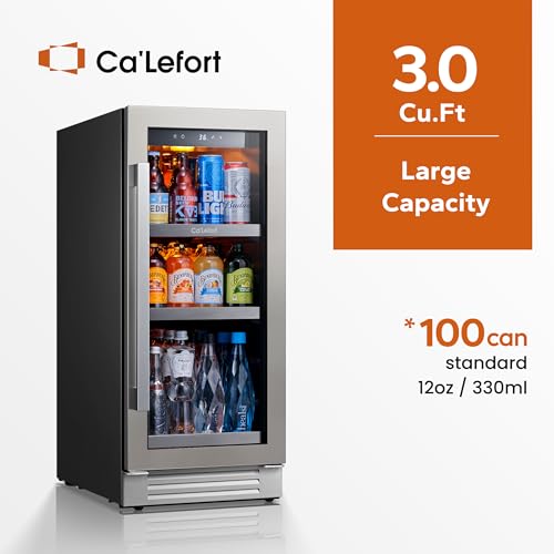 Image of Ca'Lefort 15 Inch Beverage Refrigerator Cooler - 100 Can Mini Fridge with Glass Door for Soda Beer or Wine, 3 LED Compressor Fridge for Home Office Bar with 3 Adjustable Removable Shelves(3.0 cu.ft)