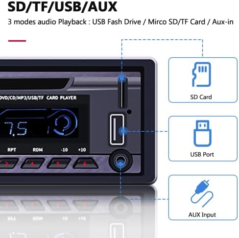 Single Din Car Stereo CD DVD Player Bluetooth Car Radio FM Radio USB/TF/AUX Car Audio player 1 DIN Headunit 188*58mm with Remote Control