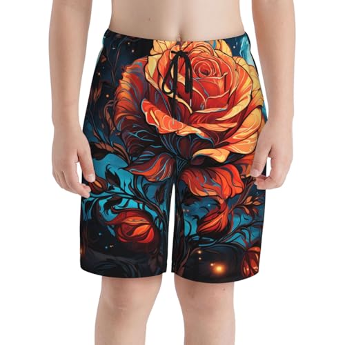 Boys Swim Trunks Beach Shorts Summer Surf Kids Youth Bathing Suits, Rose On Fire Burning Art Moon3
