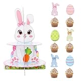 BEISHIDA 2 Tier Easter Bunny Cupcake Stand and 16 Pcs Cupcake Toppers Colorful Bunny Egg Dessert Cake Holder...