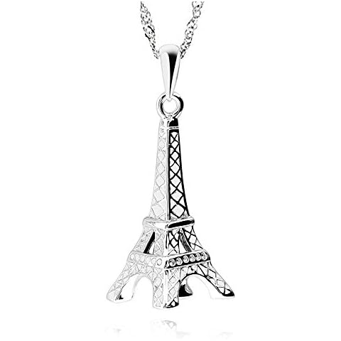 GemsChest Sterling Silver Eiffel Tower Pendant Necklace Paris Jewelry for Women with 18" Silver Chain Cover
