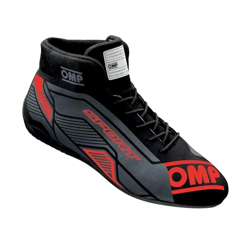 OMP Racing Driving Shoe, Sport, Mid-Top, FIA Approved, Leather Outer, Nomex Inner, Black/Red, Euro 40, Pair