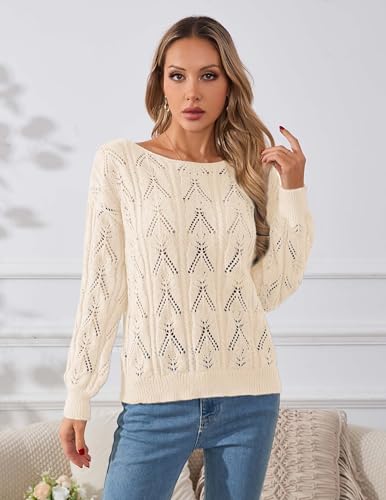 Image of Libsorge Womens Cute Sexy Off The Shoulder Crochet Knit Sweater Fall Winter 2025 Trendy Lightweight Boat Neck Pullover Top