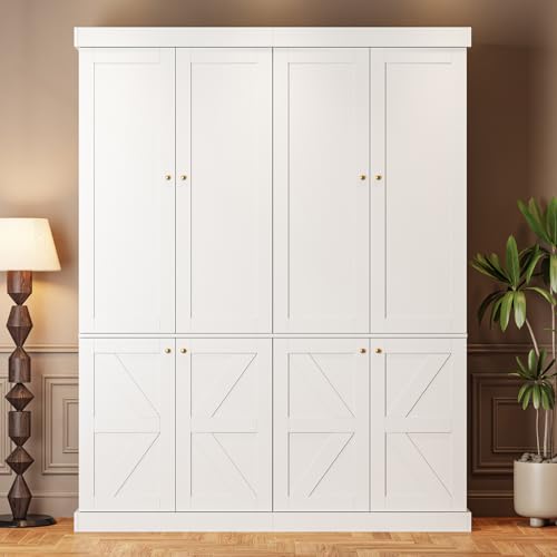 Image of ivaniti 70.8 inch Tall Farmhouse Bookshelf with Doors, Modular Storage Cabinet with 4-Tier Adjustable Shelves, White, Wooden Hutch for Study or Home Office, Set of 2