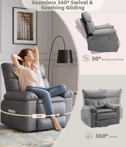 Image of GarveeHome Leather Recliner Chair - Heat and Massage, Swivel Rocker Manual Recliner for Adults, Lazy Rocking Chair with Comfort Arms and Back Single Sofa for Living Room