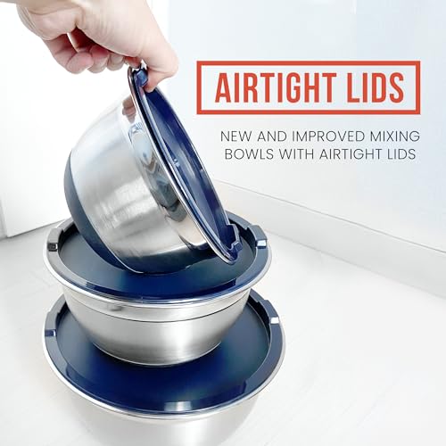 Chef Pomodoro Stainless Steel Mixing Bowl Set, Metal Mixing Bowls with Lids Set, Non-Slip Silicone Base, Nesting Bowls - 3 Piece (1.5 Qt, 3 Qt, 5 Qt), Mixing Bowls for Kitchen, Salad, Baking (Navy)
