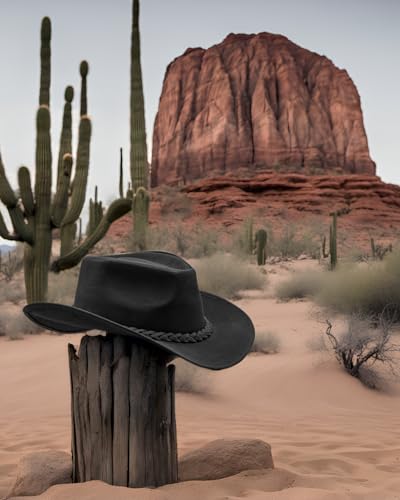 HADZAM Block Made of Grain Leather Cowboy hat for Men & Women Shapeable into Outback hat Packed in Magnetic Gift Box for Western Vintage Looks Black - Thumbnail 5