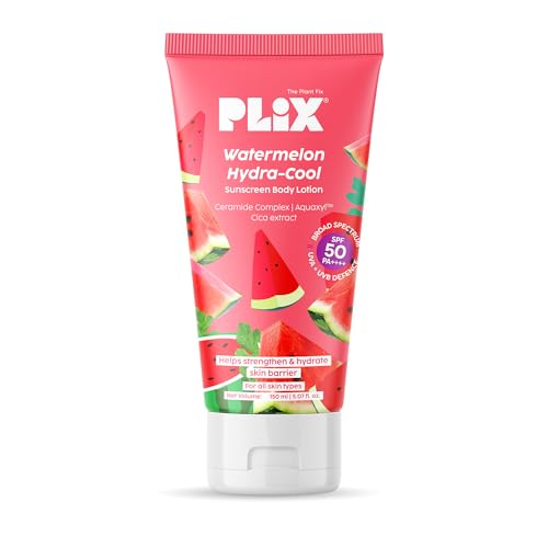Image of PLIX - THE PLANT FIX Watermelon Hydra-Cool Sunscreen Body Lotion With SPF 50 | PA++++ | Ceramides, Cica, Aquaxyl & Frescolat ML | Lightweight 2-in-1 Body Lotion + Sunscreen (Pack of 1, 150ml)