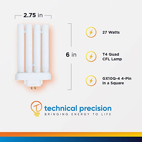 Technical Precision 27W 6500K Four Tube Fluorescent Bulb - Fml Lamp 27 Watt Light Bulb Replacement With Gx10Q-4 4-Pin Base In A Square - Daylight - Quad Tube Cfl 6500K High Vision Table Lamp - 1 Pack #TOP1