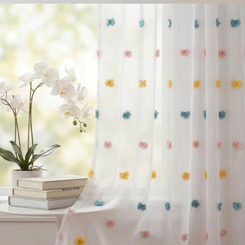Horaldaily 2Pcs White Sheer Curtains 52x63in, Pink Blue Pom Pom, Boho by Horaldaily - Used condition - US$18.73