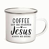 Jesus Inspired Coffee Christian Gifts Gets Me Started Keeps Me Going 12oz Enamel Silver Mug