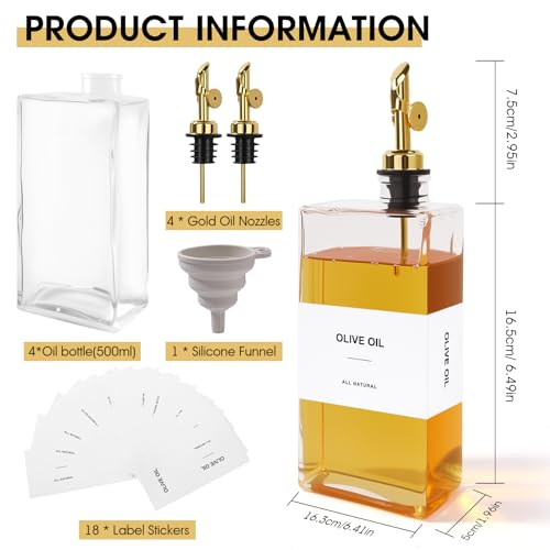 Miniatura 2 de Otauoaea Aceitera 500ml Dispensador De Aceite,4pcs Aceitera Antigoteo Cristal,Botellas De Aceitera Y Vinagrera,Aceiteras De Oliva Para Cocina,Aceitero Vertedor Automático Con Etiquetas Y Embudo-Glod